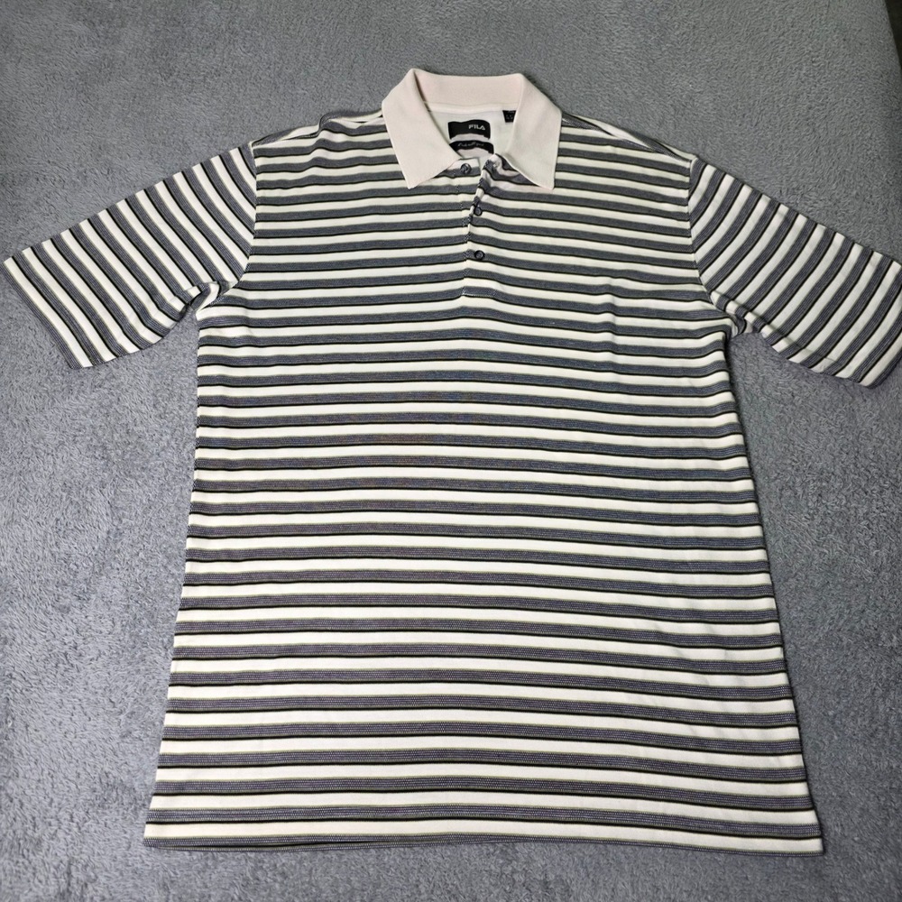 Fila Mens Medium Polo Shirt Cream Navy Striped Silk Cotton Short Sleeve 5914